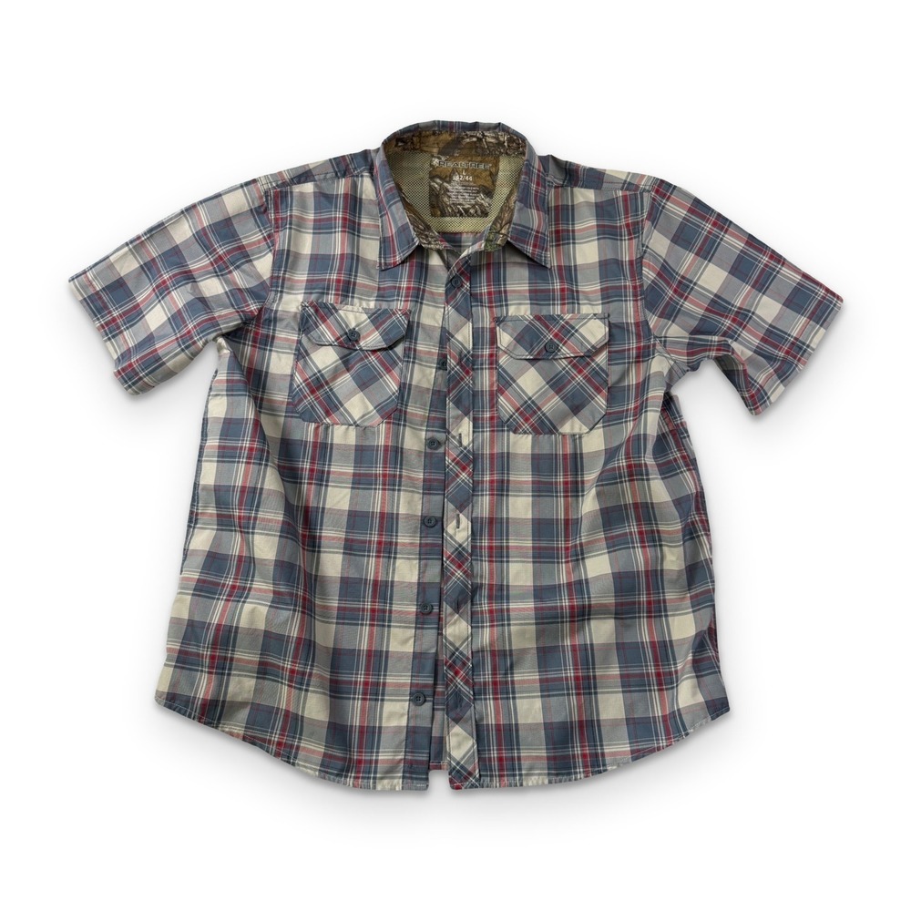 Realtree Mens Large Plaid Short Sleeve Button Down Shirt Blue Red Camo Trim